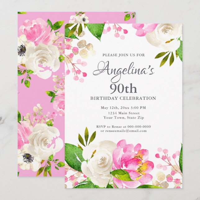 Invitación Acuarela floral de primavera cumpleaños 90 (Anverso / Reverso)