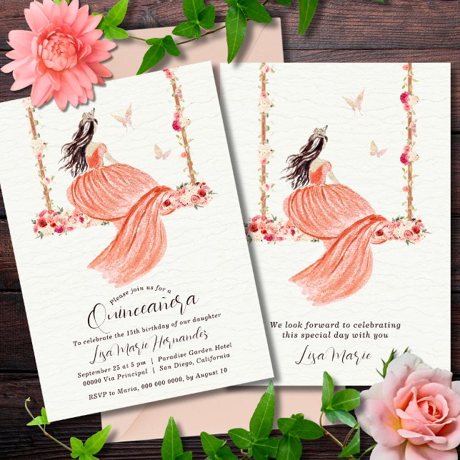 Invitación Acuarela floral de salmón Quinceañera (Subido por el creador)