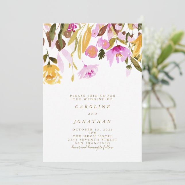Invitación acuarela floral de verano rosa y amarillo (Anverso de pie)