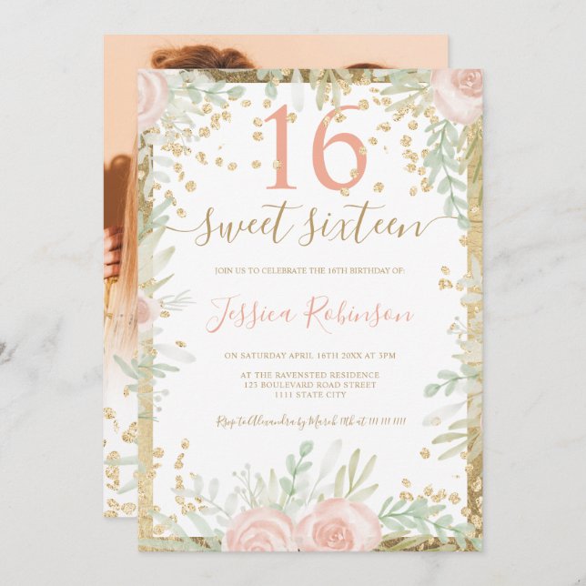 Invitación Acuarela floral dorada rosa verde dulce 16 foto (Anverso / Reverso)