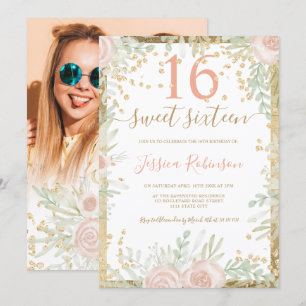 Invitación Acuarela floral dorada rosa verde dulce 16 foto