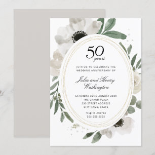 Invitación Acuarela Floral Dorado 50 Aniversario de Boda