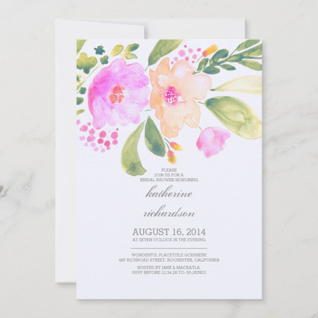 Invitación acuarela floral ducha de novia invita (Anverso)