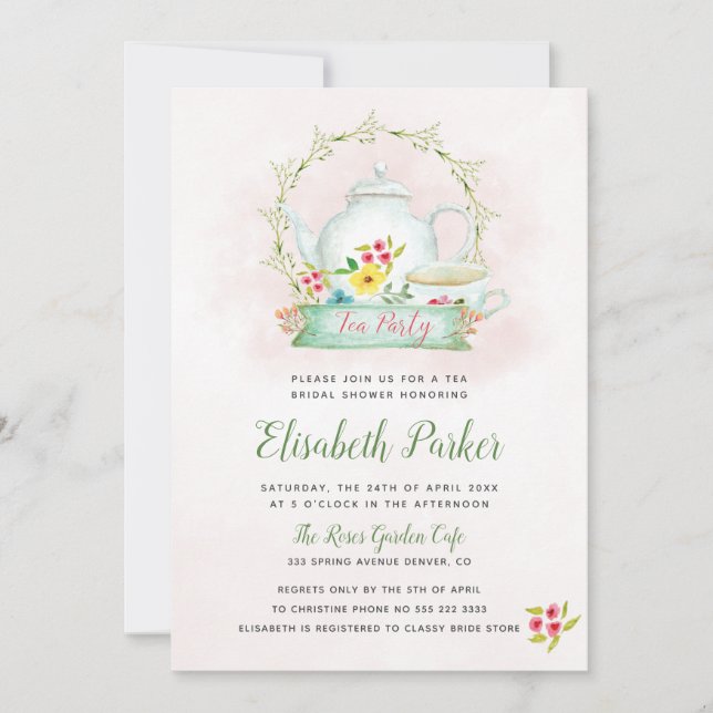 Invitación acuarela floral ducha de novia rosa fiesta de té (Anverso)