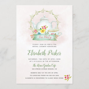 Invitación acuarela floral ducha de novia rosa fiesta de té