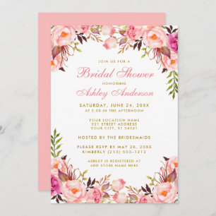 Invitación Acuarela Floral Ducha de novia rosa y dorada