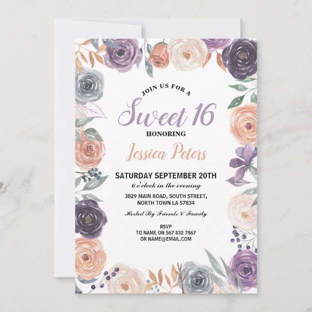 Invitación Acuarela Floral Dulce 16 Flores Fiestas Púrpura (Anverso)
