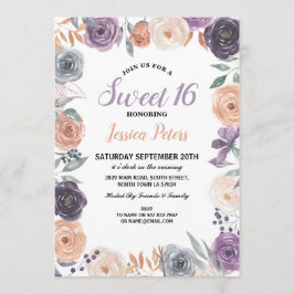 Invitación Acuarela Floral Dulce 16 Flores Fiestas Púrpura