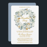 Invitación Acuarela Floral Dusty Azul Hanukkah Fiesta Gold<br><div class="desc">Elegante acuarela Invitación de fiesta de invierno Floral Wreath Hanukkah. Incluye hermosas flores de anémona blanca,  follaje botánico y conos de pino. Guión dorado. Dusty Blue Back.</div>