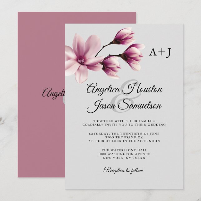 Invitación Acuarela Floral Dusty Mauve Taupe Boda Gris (Anverso / Reverso)