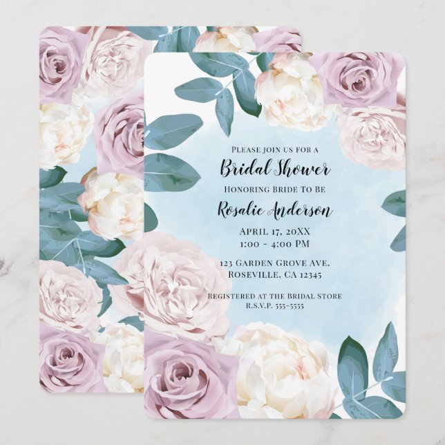 Invitación Acuarela Floral Dusty Rosa Marfil Blue Bridal (Anverso / Reverso)