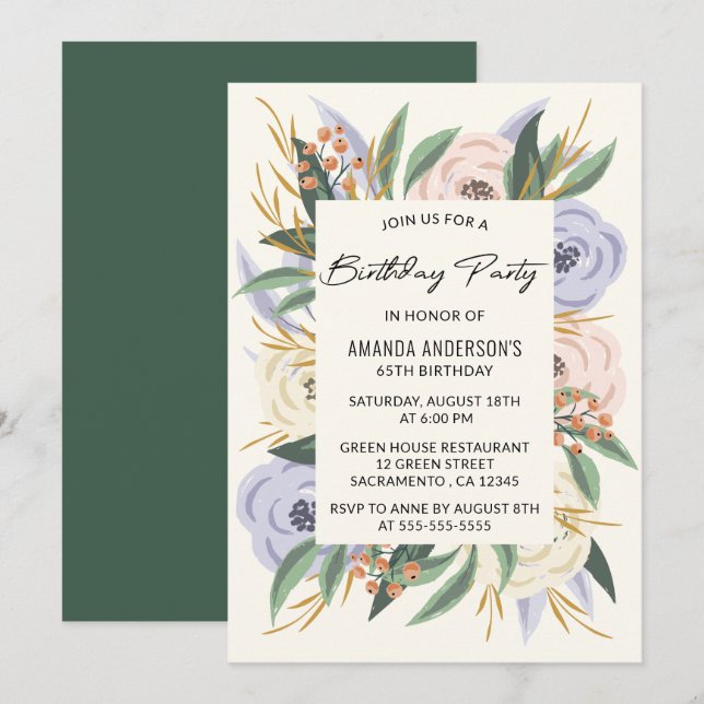Invitación Acuarela Floral Elegante cumpleaños número 65 (Anverso / Reverso)