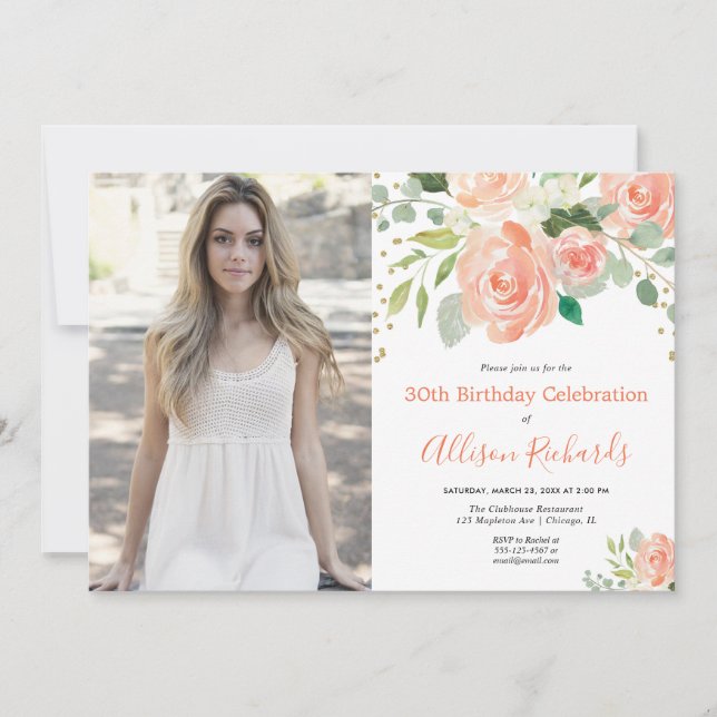 Invitación acuarela floral elegante foto de cumpleaños adulto (Anverso)