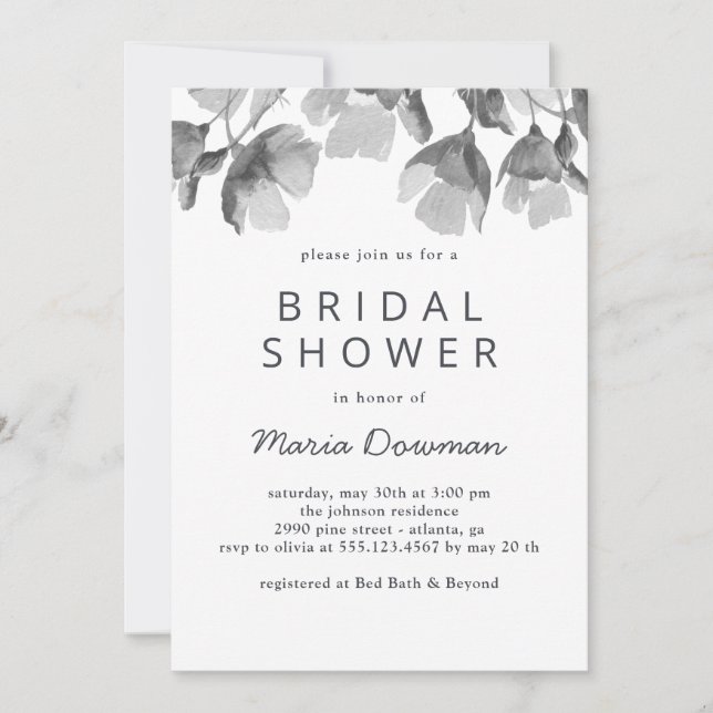Invitación acuarela floral. Elegante y simple ducha de novia (Anverso)