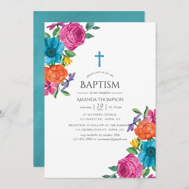 Invitación Acuarela Floral Fiesta Baptismo (Anverso / Reverso)