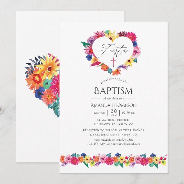 Invitación Acuarela Floral Fiesta Baptismo (Anverso / Reverso)