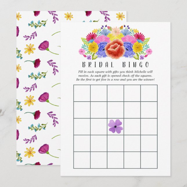 Invitación Acuarela Floral Fiesta Bridal Bingo (Anverso / Reverso)