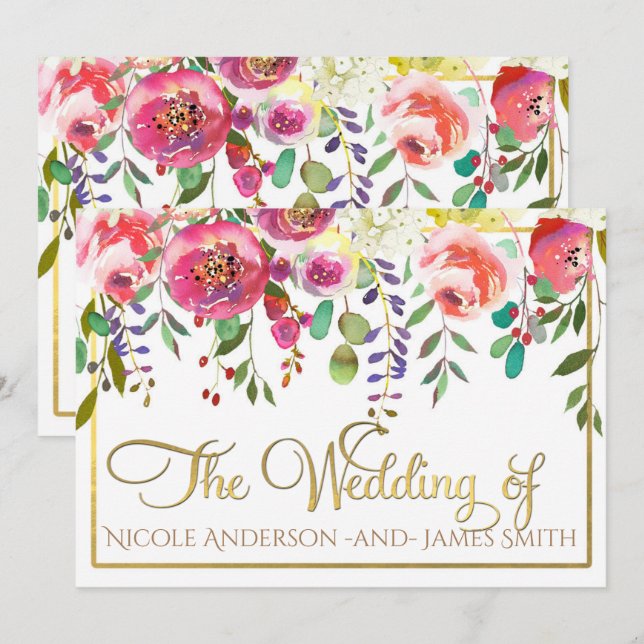 Invitación Acuarela Floral Flores Moderno Colorido Boda (Anverso / Reverso)