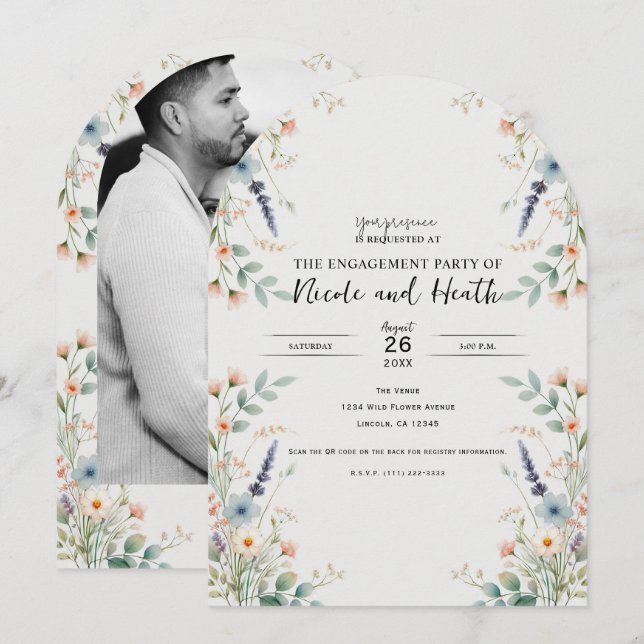 Invitación Acuarela Floral Flores Silvestres Compromiso de Pr (Anverso / Reverso)