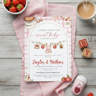 Invitación acuarela floral fresa bebé está preparando manzana