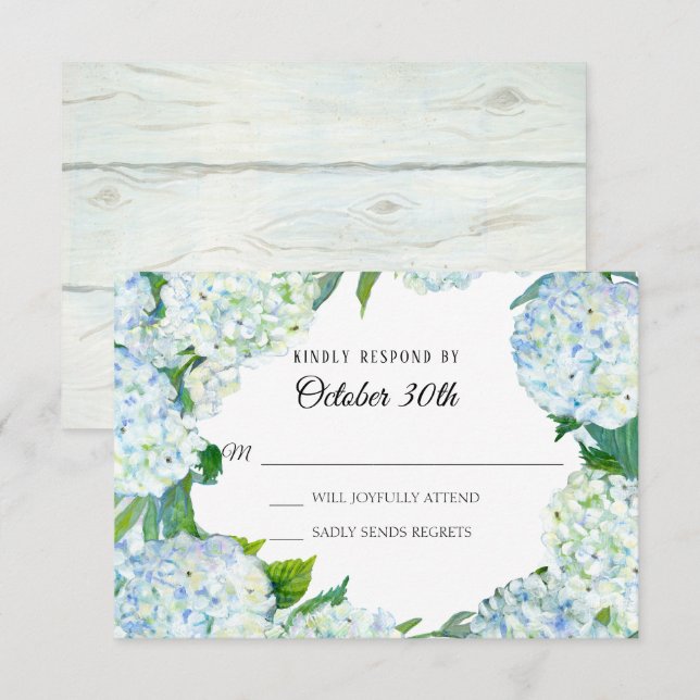 Invitación Acuarela Floral Hortensia Azul Blanco Madera Rústi (Anverso / Reverso)