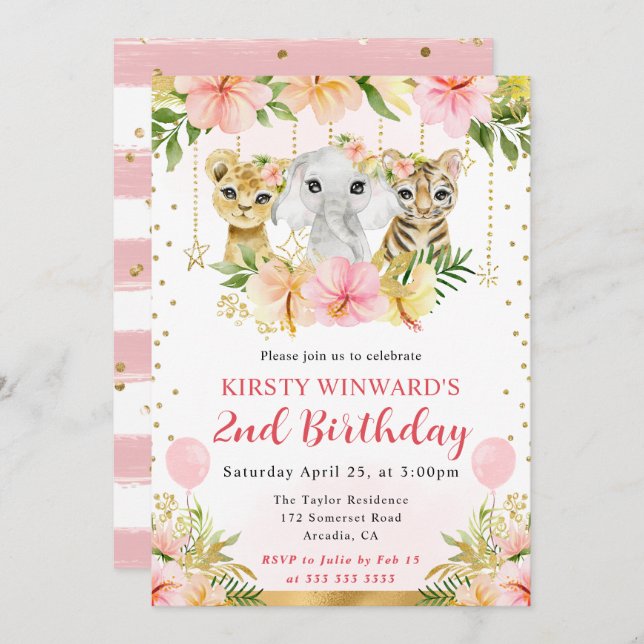 Invitación Acuarela Floral Jungla Animales Niños Cumpleaños (Anverso / Reverso)