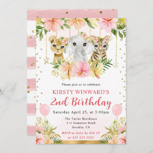 Invitación Acuarela Floral Jungla Animales Niños Cumpleaños