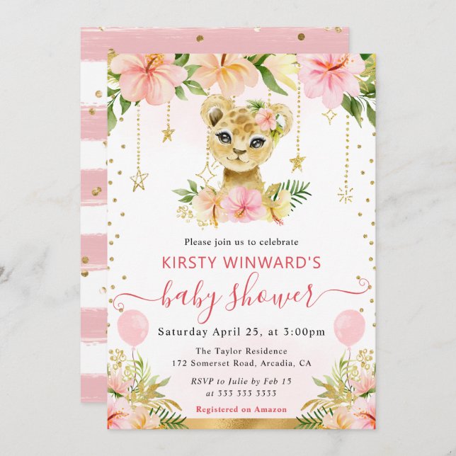 Invitación Acuarela Floral Jungla Lion Cub Baby Shower (Anverso / Reverso)