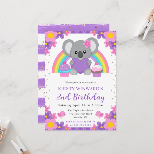 Invitación Acuarela Floral Koala Cumpleaños Primavera (Anverso/Reverso In Situ)