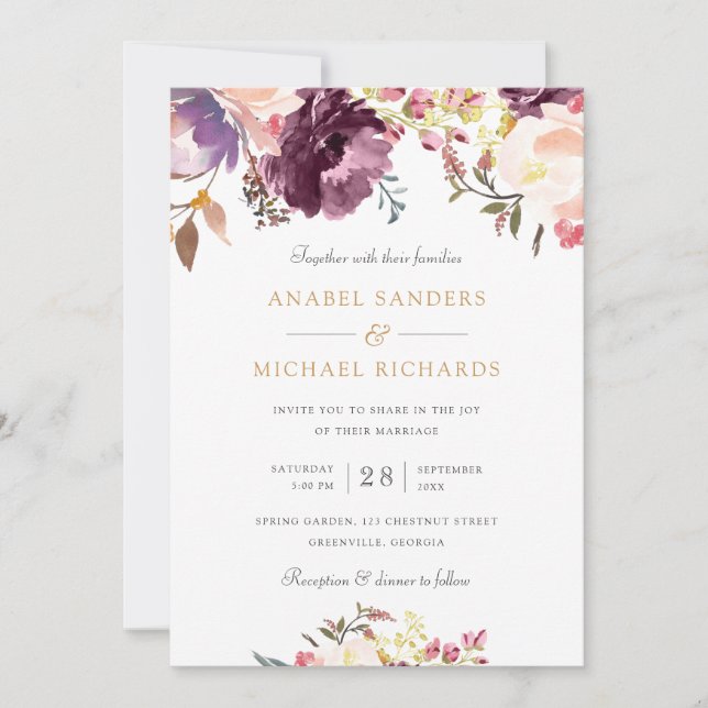Invitación Acuarela Floral Lavanda Púrpura Boda Elegante (Anverso)
