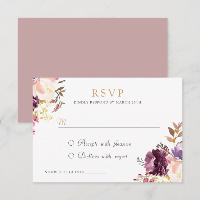Invitación Acuarela Floral Lavanda Púrpura Elegante RSVP (Anverso / Reverso)