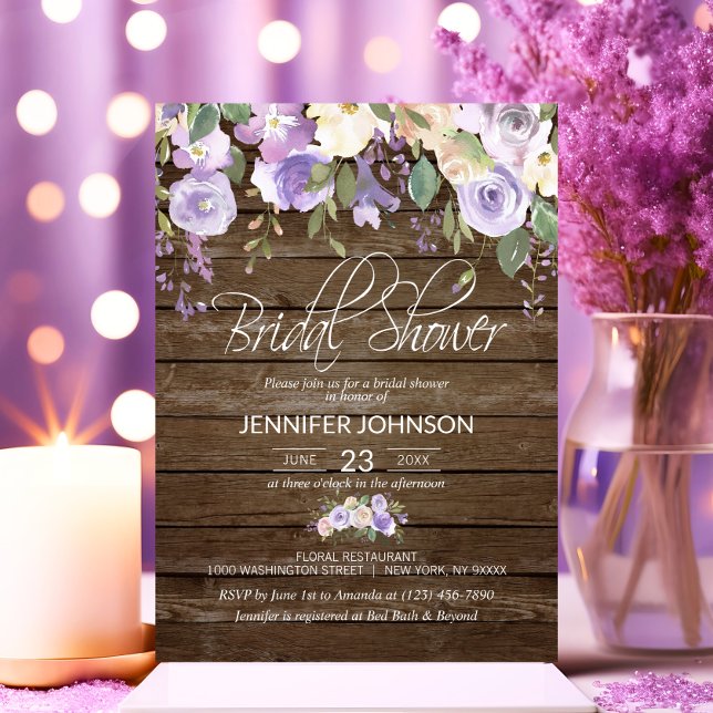Invitación Acuarela Floral Lavanda Rústica Ducha Bridal (Watercolor Floral Lavender Rustic Bridal Shower Invitation)