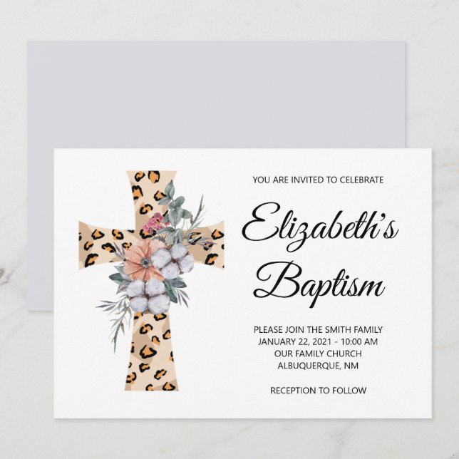 Invitación Acuarela Floral Leopardo cruza bautismo gris (Anverso / Reverso)