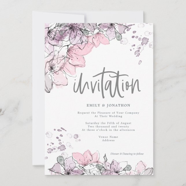 Invitación Acuarela Floral Lilac Boda de guión de salpicón ro (Anverso)