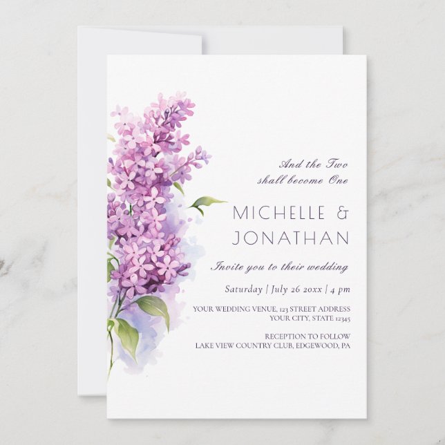 Invitación Acuarela floral Lilac Boda de la Biblia Cristiana (Anverso)