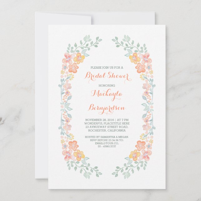 Invitación acuarela floral linda ducha de novia (Anverso)