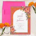 Invitación Acuarela Floral Magenta Fuchsia dulce dieciséis<br><div class="desc">Esta divertida y vibrante invitación dulce de 16 tiene acentos naranja,  rosa y morado. El fondo es un naranja geométrico y un patrón magenta con flores acuáticas sobre el suelo que incluyen rosas y flores silvestres.</div>