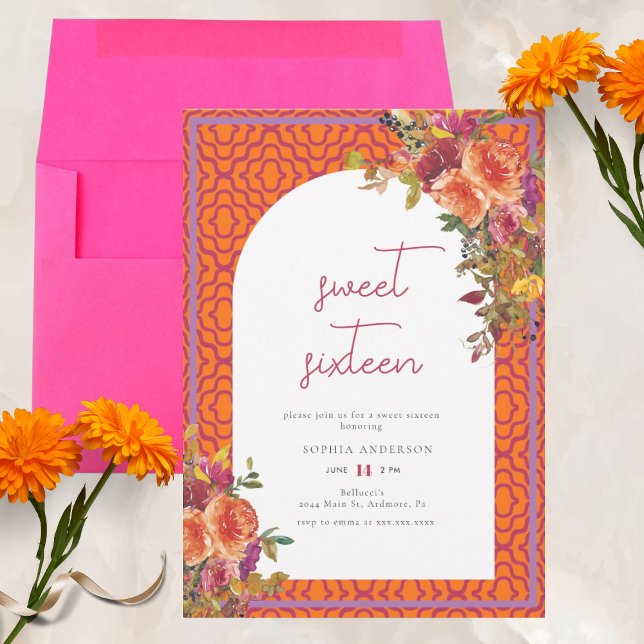 Invitación Acuarela Floral Magenta Fuchsia dulce dieciséis (Subido por el creador)