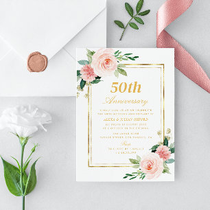 Invitación acuarela floral marco dorado aniversario boda