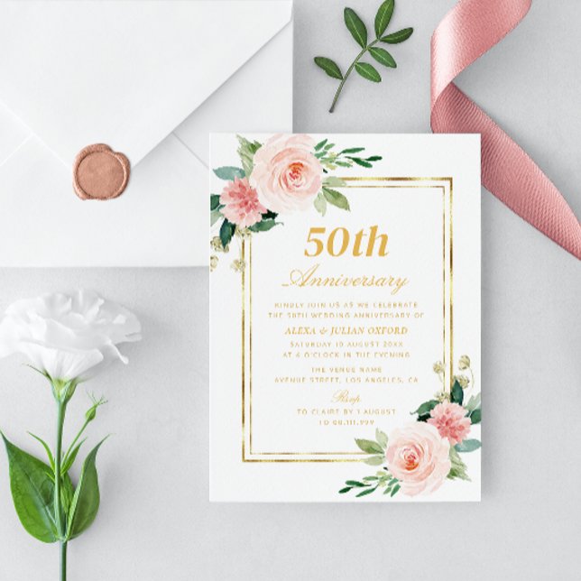 Invitación acuarela floral marco dorado aniversario boda (Subido por el creador)