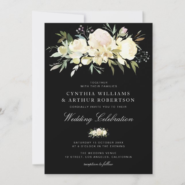 Invitación acuarela floral marfil blanco boda negra (Anverso)