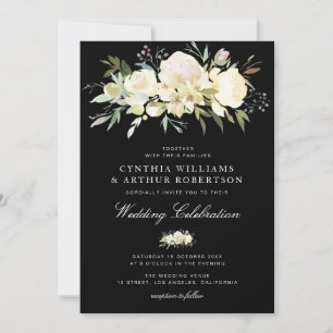 Invitación acuarela floral marfil blanco boda negra