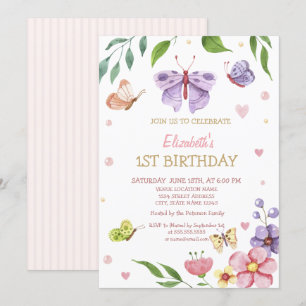 Invitación Acuarela Floral Mariposa Rayada Cumpleaños