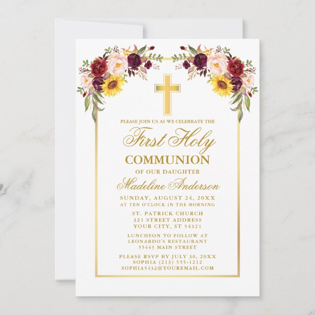 Invitación Acuarela Floral Mezclada Primer Oro De Comunión (Anverso)