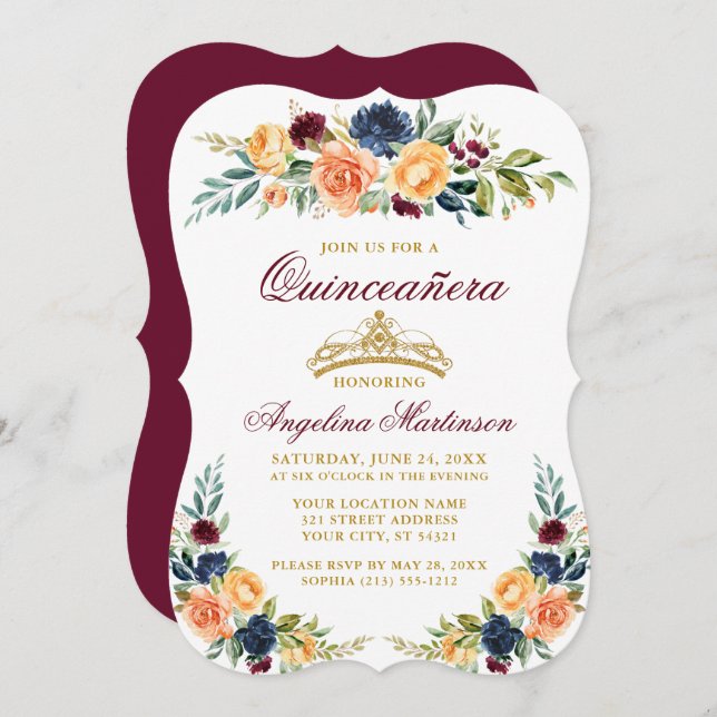 Invitación Acuarela Floral mixta Borgoña Quinceanera (Anverso / Reverso)