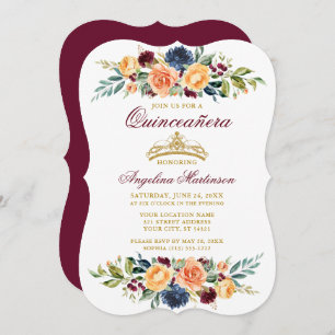 Invitación Acuarela Floral mixta Borgoña Quinceanera