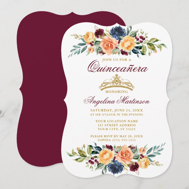 Invitación Acuarela Floral mixta Borgoña Quinceanera (Anverso / Reverso)