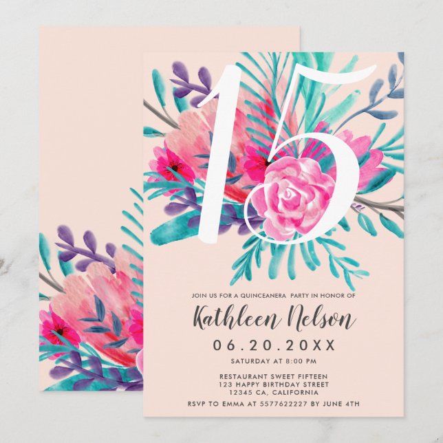 Invitación Acuarela floral moderna Quinceanera rosado de neón (Anverso / Reverso)
