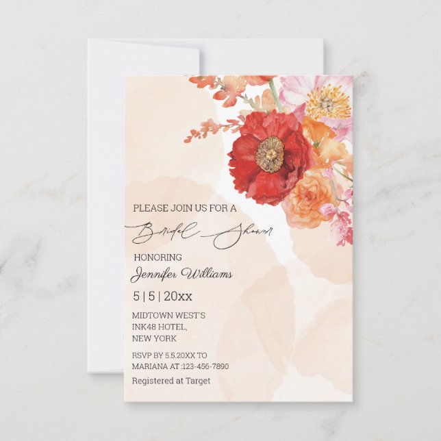 Invitación acuarela floral naranja ducha de novia (Anverso)