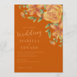 Invitación Acuarela Floral Naranja Quemada Boda